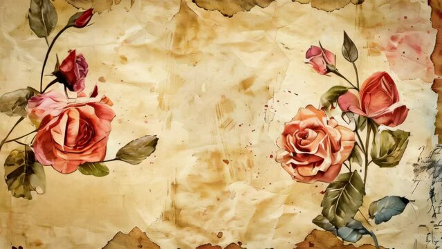 Watercolor textured worn old paper with faded roses on borders