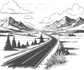 car empty road going in the valley between the mountains to the horizon in a vector monochrome drawing