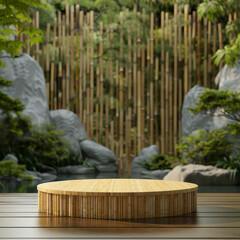 Zen Garden Bamboo Background with Wooden Table.