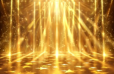 3D vector illustration of a golden stage with light beams, in the style of a background for an award ceremony or presentation