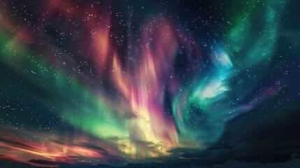 A breathtaking view of the aurora borealis dancing across the night sky, painting streaks of green, pink, and orange against the backdrop of stars. - obrazy, fototapety, plakaty