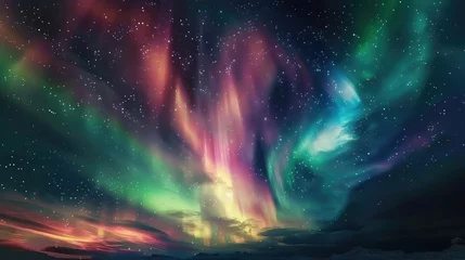 Crédence en verre imprimé Aurores boréales A breathtaking view of the aurora borealis dancing across the night sky, painting streaks of green, pink, and orange against the backdrop of stars.