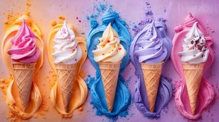 Set of different delicious pastel soft serve ice creams in crispy cones on pastel color backgrounds - obrazy, fototapety, plakaty