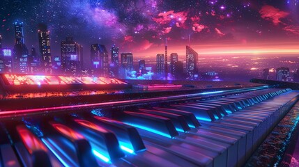 Piano with holographic keys, set against a neon futuristic cityscape, under a galaxy sky - obrazy, fototapety, plakaty