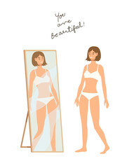 Young woman looking her self at the mirror and smiling with "you are beautiful" message. Concept of self-confidence, loving your self, self care, encouragement. Flat vector illustration.