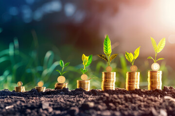 A creative representation of financial growth with young plants emerging from stacks of coins in fertile soil against a sunlit backdrop.. - obrazy, fototapety, plakaty