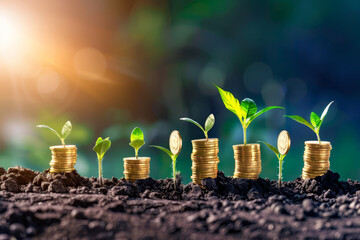 A creative representation of financial growth with young plants emerging from stacks of coins in fertile soil against a sunlit backdrop.. - obrazy, fototapety, plakaty