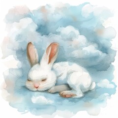 Peaceful Cottontail Resting on Lush Grassy Meadow with Fluffy White Clouds in Tranquil Sky