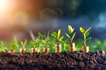 A creative representation of financial growth with young plants emerging from stacks of coins in fertile soil against a sunlit backdrop.. - obrazy, fototapety, plakaty