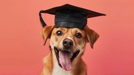 Funny dog in graduation cap on colored background - obrazy, fototapety, plakaty
