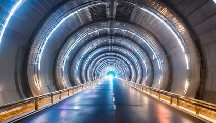 abstract tunnel of light, wallpaper texted cyberpunk style neon bright tunnel road pathway, with circular neon lights