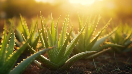 Aloe vera plant growing in field in plantation with sunlight.