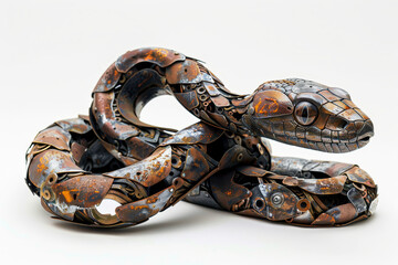 Fototapeta premium A creatively crafted snake sculpture made from metal parts, isolated on a white background.