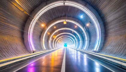 abstract tunnel of light, wallpaper texted cyberpunk style neon bright tunnel road pathway, with circular neon lights