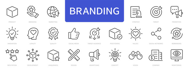 Branding thin line icons set. Brand, marketing, product, positioning icon. Vector - 776182277