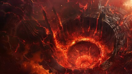 Cataclysmic eruption of flaming circles, engulfing the area in rivers of molten lava - obrazy, fototapety, plakaty