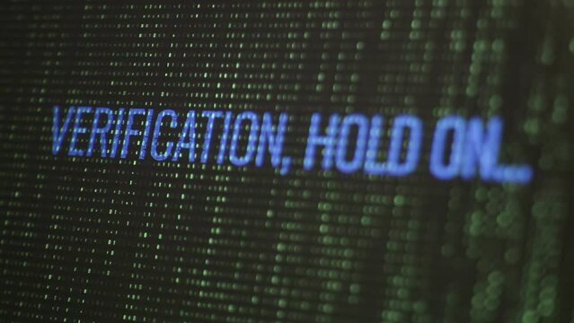 
Verification, hold on message on the screen with falling code. High technology concept. Matrix-style visual effect.
