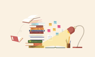 Flat vector illustration of books on table with sticky note on wall, stationery and lamp. Concept of reading for exam, studying for test, homework, student's element, learning, education.