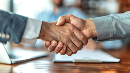 The camera zooms in, capturing every detail of the close-up handshake, as the contract signing reaches its climax, sealing the deal with a firm grip and determined expressions.