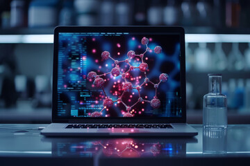 High-tech laboratory featuring an advanced microscope and a digital screen displaying molecular structures.