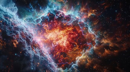 A close-up of a vibrant supernova remnant, where the remnants of an exploded star create a tapestry of brilliant colors against the darkness of space. - obrazy, fototapety, plakaty