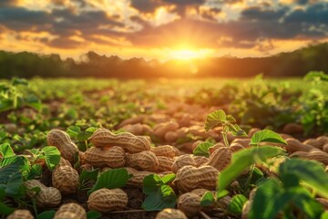 Vibrant Sunset Over Peanut Crop Field in Serene Countryside Landscape