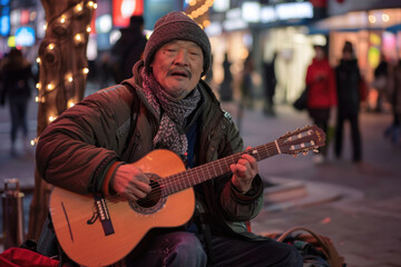 A photo of a lone street musician playing their guitar