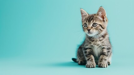 gray tabby cute kitten on colored background
