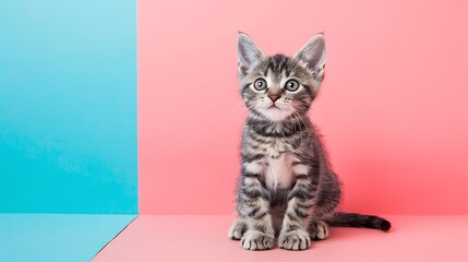 gray tabby cute kitten on colored background