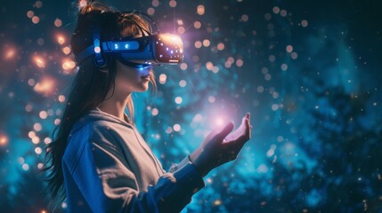 A female is in a virtual fantasy enchanted forest with glowing plants when wearing VR headset.