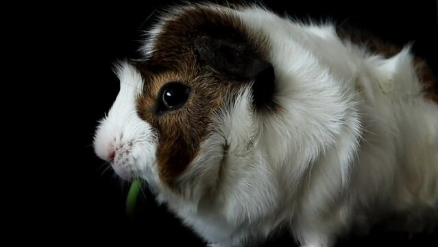 Close up view stock video footage of cute domestic white and brown guinea pig happy eating fresh green leaves