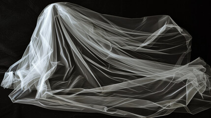 Flaying wedding white Bridal veil isolated on black background. 