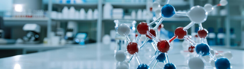 A detailed 3D rendering of a complex molecular structure with colorful atoms connected by bonds, representing scientific molecular research..