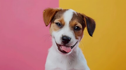 Happy dog puppy winking an eye and smiling on colored background - obrazy, fototapety, plakaty