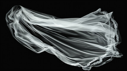 Flaying wedding white Bridal veil isolated on black background. 