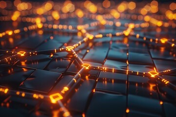 Realistic depiction of a blockchain network visualization, glowing connections on a dark, moody backdrop, 3D illustration