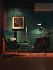 Detailed and realistic podcast studio corner, with a comfy chair and moody, ambient lighting, 3D illustration