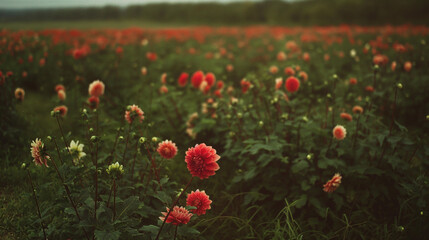 Vibrant Field of Red Dahlias with Lush Green Foliage