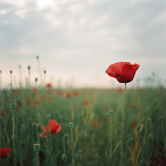 Obraz premium Solitary Poppy in a Wildflower Field at Sunrise