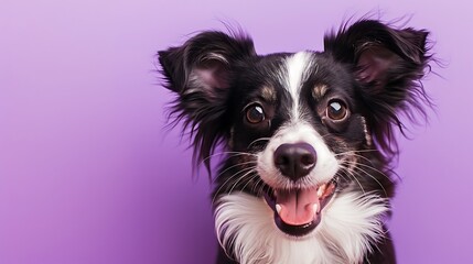 Happy puppy dog smiling on isolated purple background