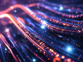 Obraz premium Hyper-realistic fiber optic cables lit from within, creating a vibrant network under moody lighting, 3D illustration