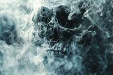 A human skull partially shrouded in a flowing, ghostly smoke against a black background, evoking mystery and mortality.. - obrazy, fototapety, plakaty