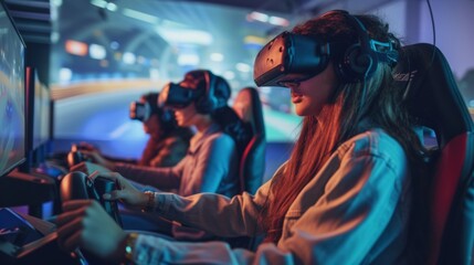 People play car racing video games with VR headset in virtual world. - obrazy, fototapety, plakaty