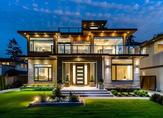 A beautiful modern house in the city of British Columbia, Canada at night with copy space on one side