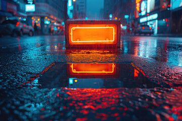 A photo of a neon sign reflected in a puddle of water on a rainy night