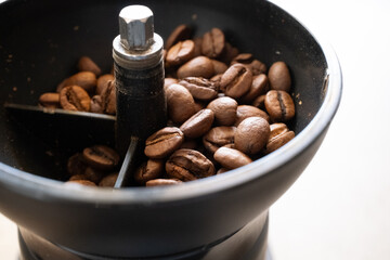 Coffee beans inside the coffee grinder in close-up