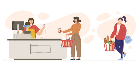 Shopping at supermarket, flat vector illustration of people queue up to pay at cashier. Concept of buying foods and supplies, housewife, shopping, business, retail, grocery shop.