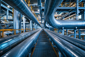 Intricate array of interwoven metal pipelines and tubes in an industrial facility, showcasing complexity and industrial engineering..
