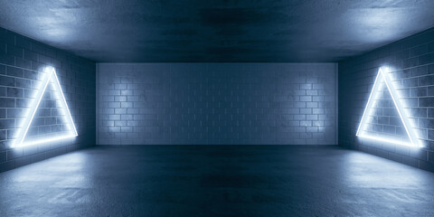 The empty room with brick wall and neon lights 3d render illustration