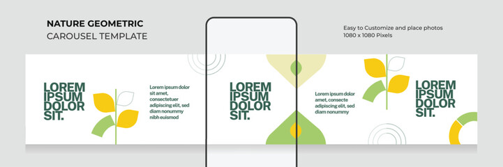 Nature geometric carousel template. Editable. Modern. Minimalist. Clean. Social media carousel for vegan, green, organic. EPS vector illustration.